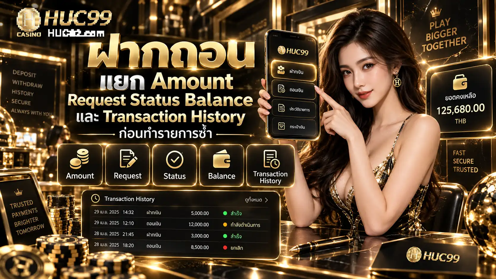 huc99 ฝากถอน แยก Amount Request Status Balance และ Transaction History ก่อนทำรายการซ้ำ